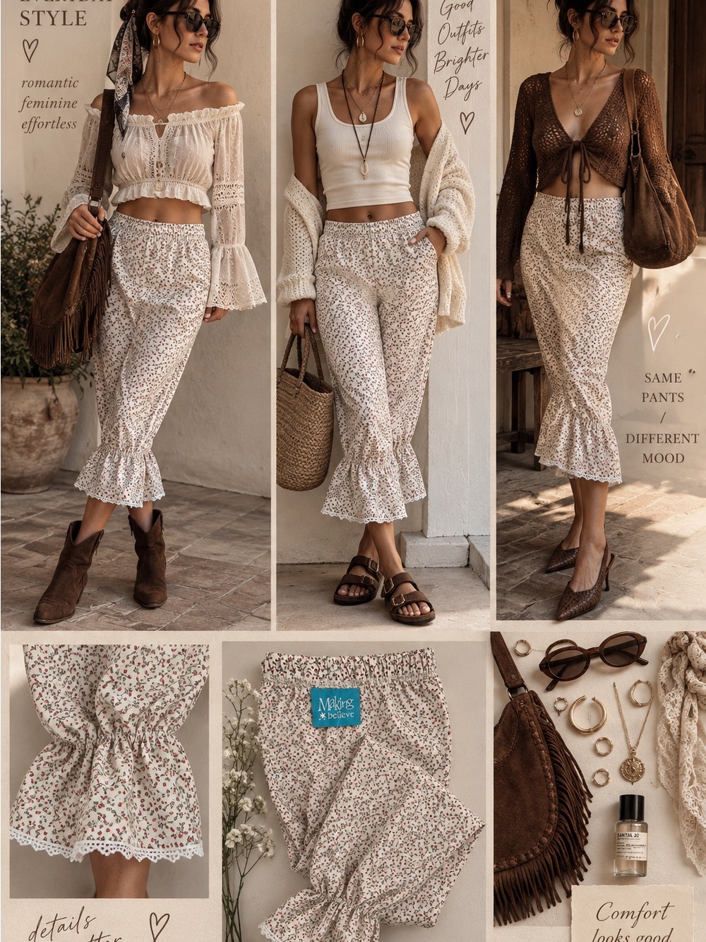 NWT Making Believe Floral Ruffle Capri Pants Romantic Boho Cottagecore